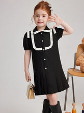 PrepCrw Young Girls' Autumn/Winter Preppy Style Black & White Ruffle Trim Woven Fitted Turndown Collar Front Button Down Dress